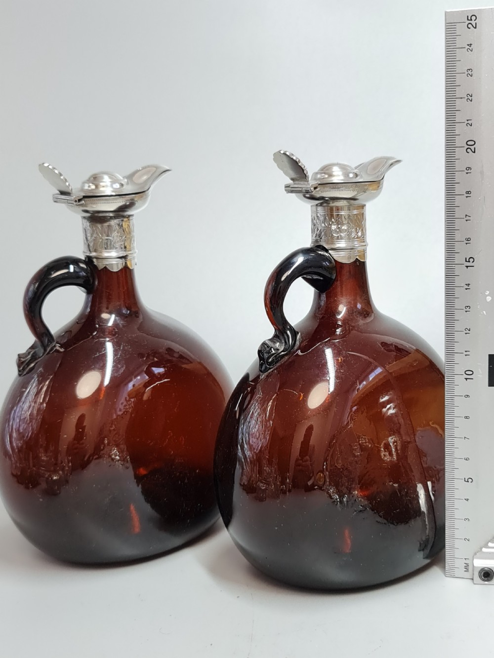 Superb Pair19th Century Matched Dark Amber Glass Decanters with Engraved Silver Plate Mounts View XIII