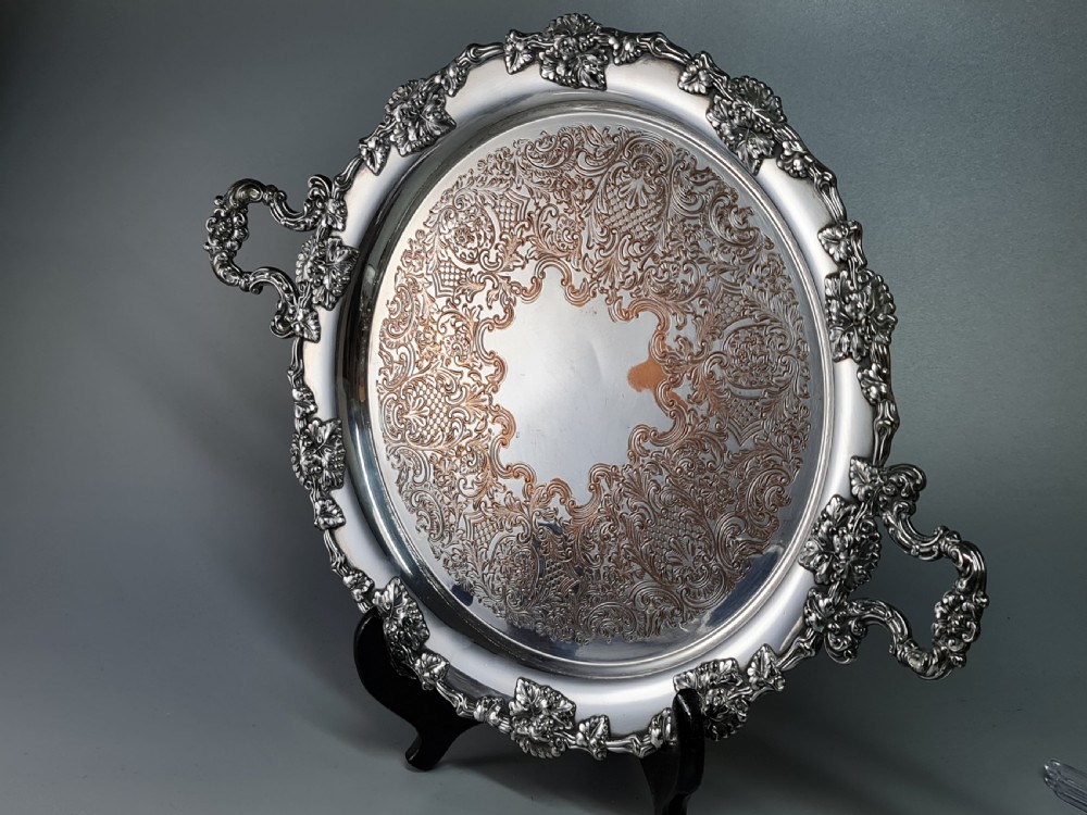 Beautiful Silver Plate on Copper Drinks Serving Tray c1920 View II