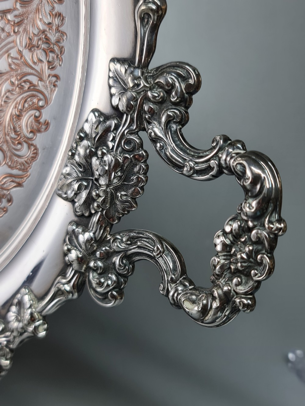 Beautiful Silver Plate on Copper Drinks Serving Tray c1920 View III