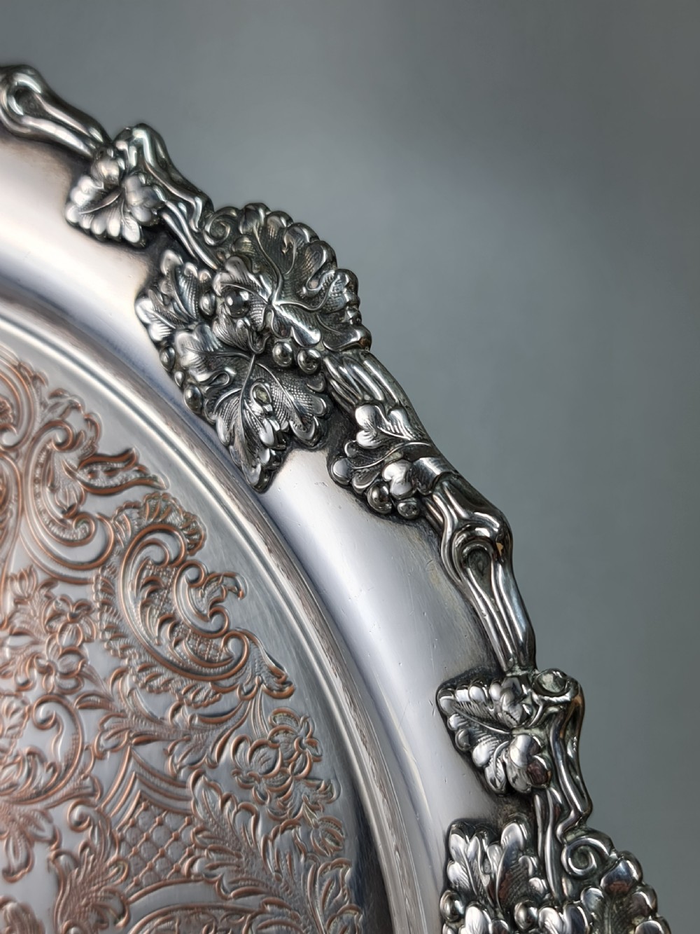 Beautiful Silver Plate on Copper Drinks Serving Tray c1920 View IV
