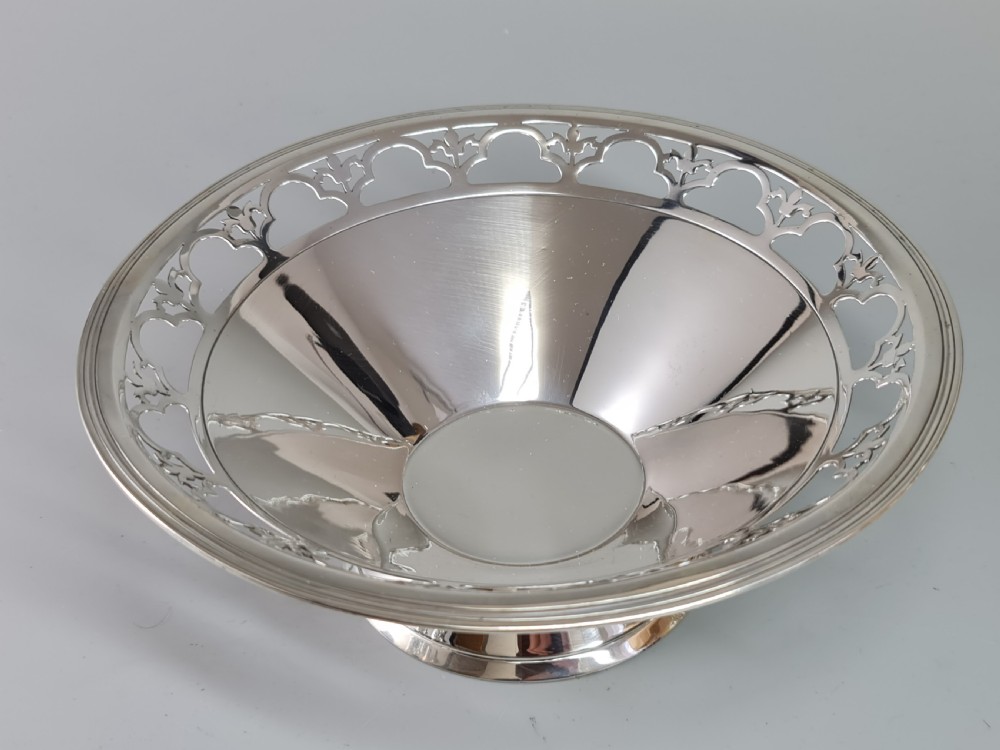 Stylish Large Art Deco HM Silver Fretted Conical Fruit Basket Sheffield 1938 View III