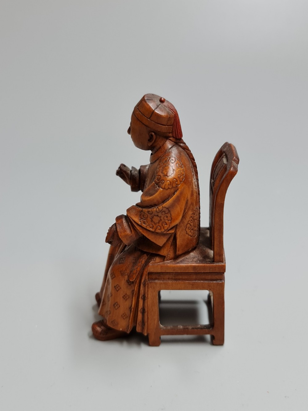 Very Finely Carved Oriental Wooden Figure of a Seated man on a Chair c1900 View IV