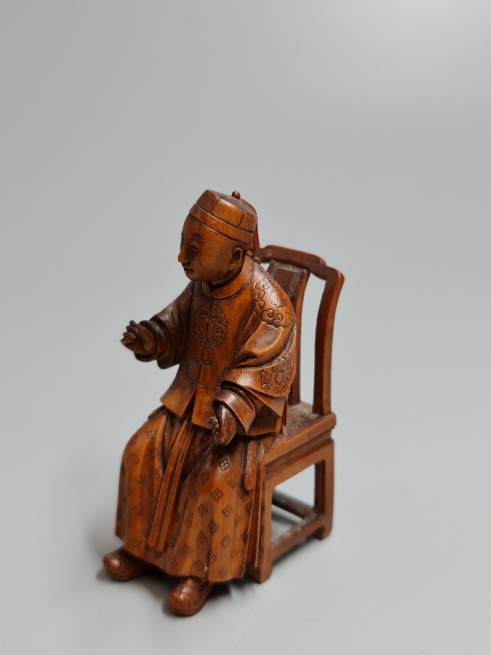 Very Finely Carved Oriental Wooden Figure of a Seated man on a Chair c1900 View V