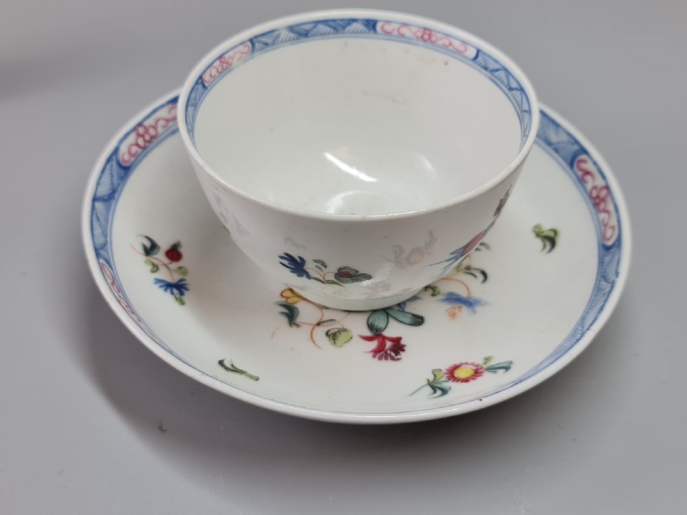 Decorative 18thc Tea Bowl & Saucer unusually with Blue Borders View III