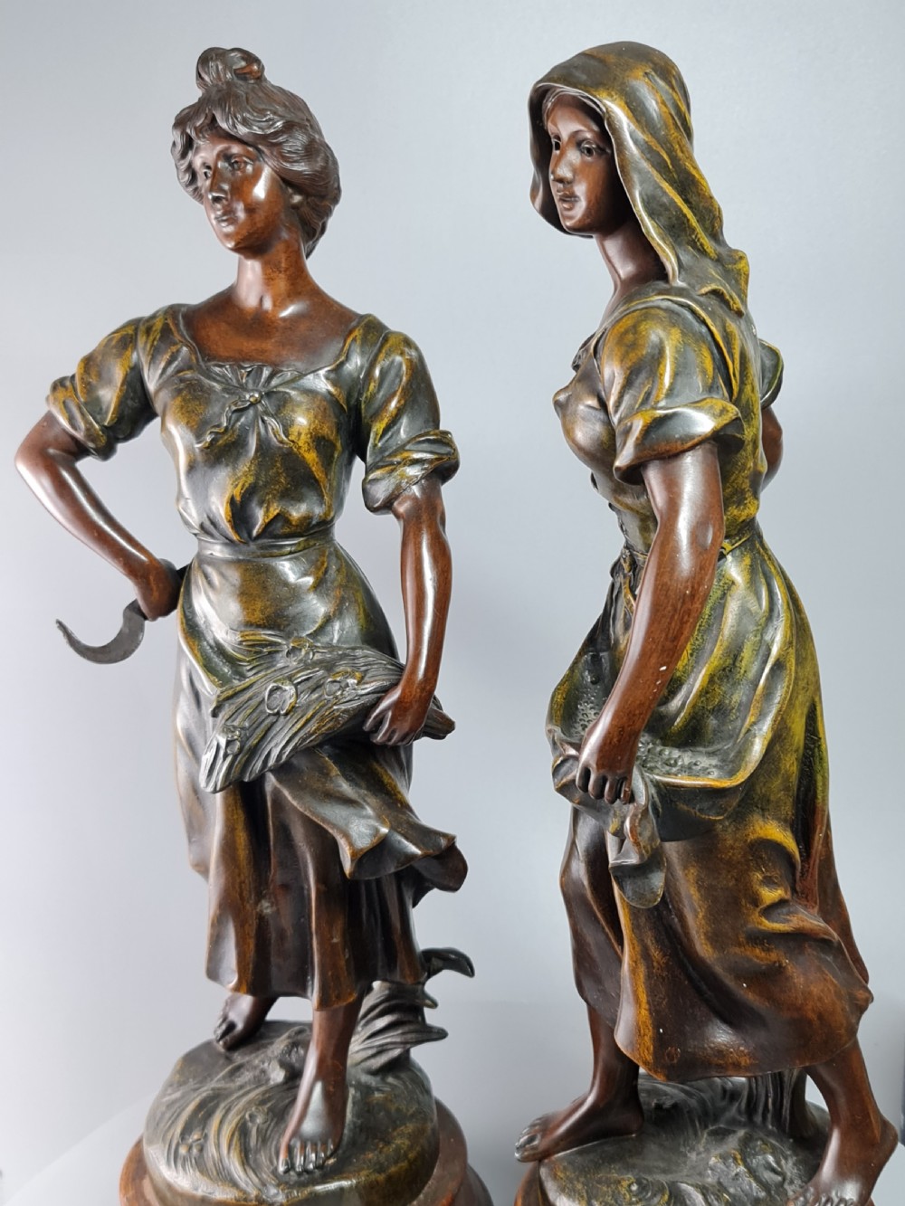 Pair of Large Bronzed Spelter Figures Depicting Spring and Autumn After Sylvain Kinsburger (1855-1935) View II