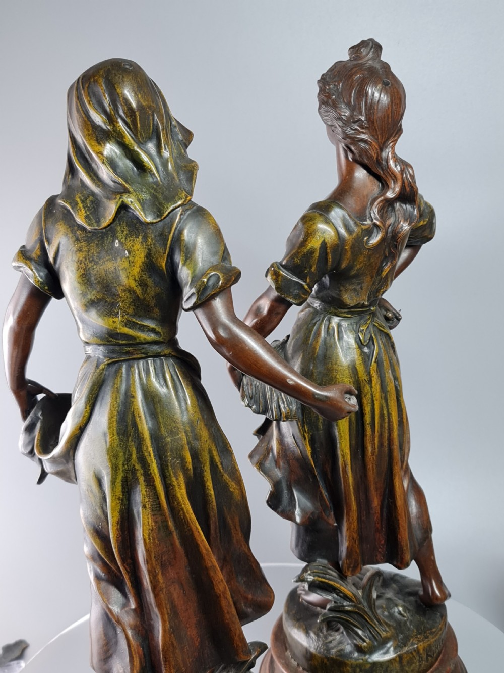 Pair of Large Bronzed Spelter Figures Depicting Spring and Autumn After Sylvain Kinsburger (1855-1935) View III