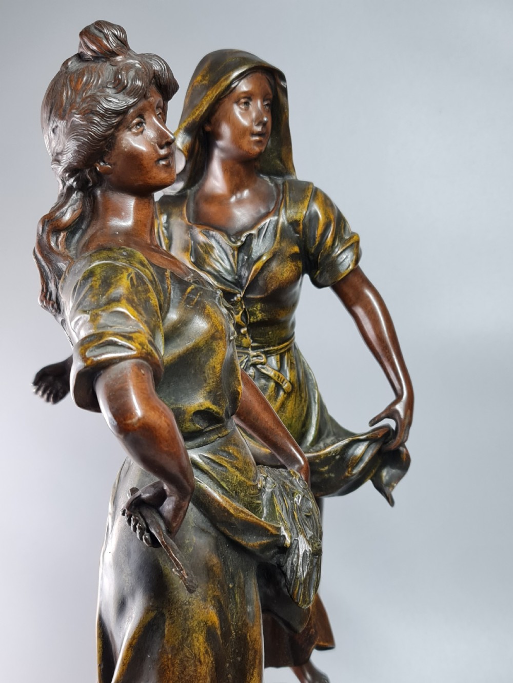 Pair of Large Bronzed Spelter Figures Depicting Spring and Autumn After Sylvain Kinsburger (1855-1935) View VII