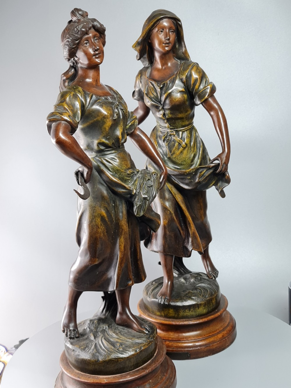 Pair of Large Bronzed Spelter Figures Depicting Spring and Autumn After Sylvain Kinsburger (1855-1935) View IX