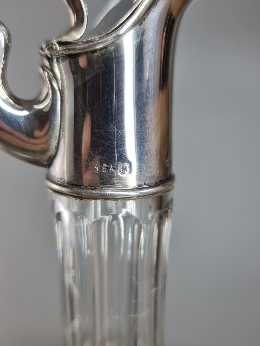 Stunning Design Art Nouveau French Silver & Cut Glass Claret Jug c1900 View IV