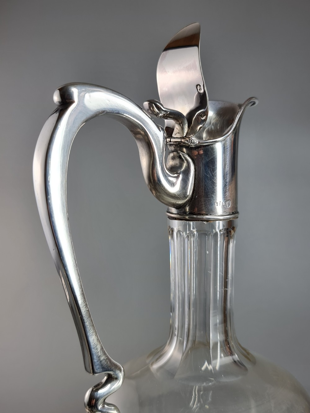 Stunning Design Art Nouveau French Silver & Cut Glass Claret Jug c1900 View VIII