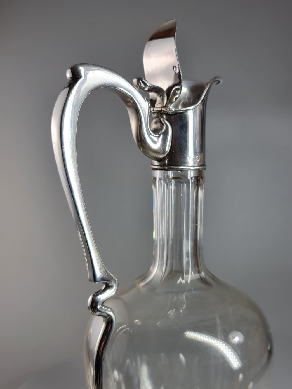 Stunning Design Art Nouveau French Silver & Cut Glass Claret Jug c1900 View XII