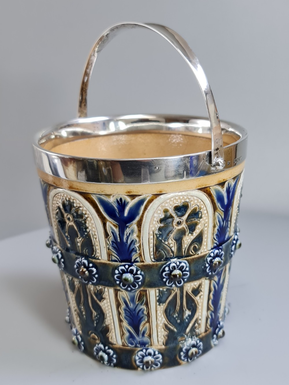 Beautiful Doulton Lambeth Edith Lupton Silver Mounted Ice Bucket c1880 View II