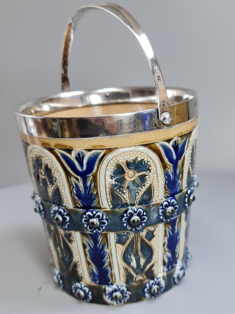 Beautiful Doulton Lambeth Edith Lupton Silver Mounted Ice Bucket c1880 View III