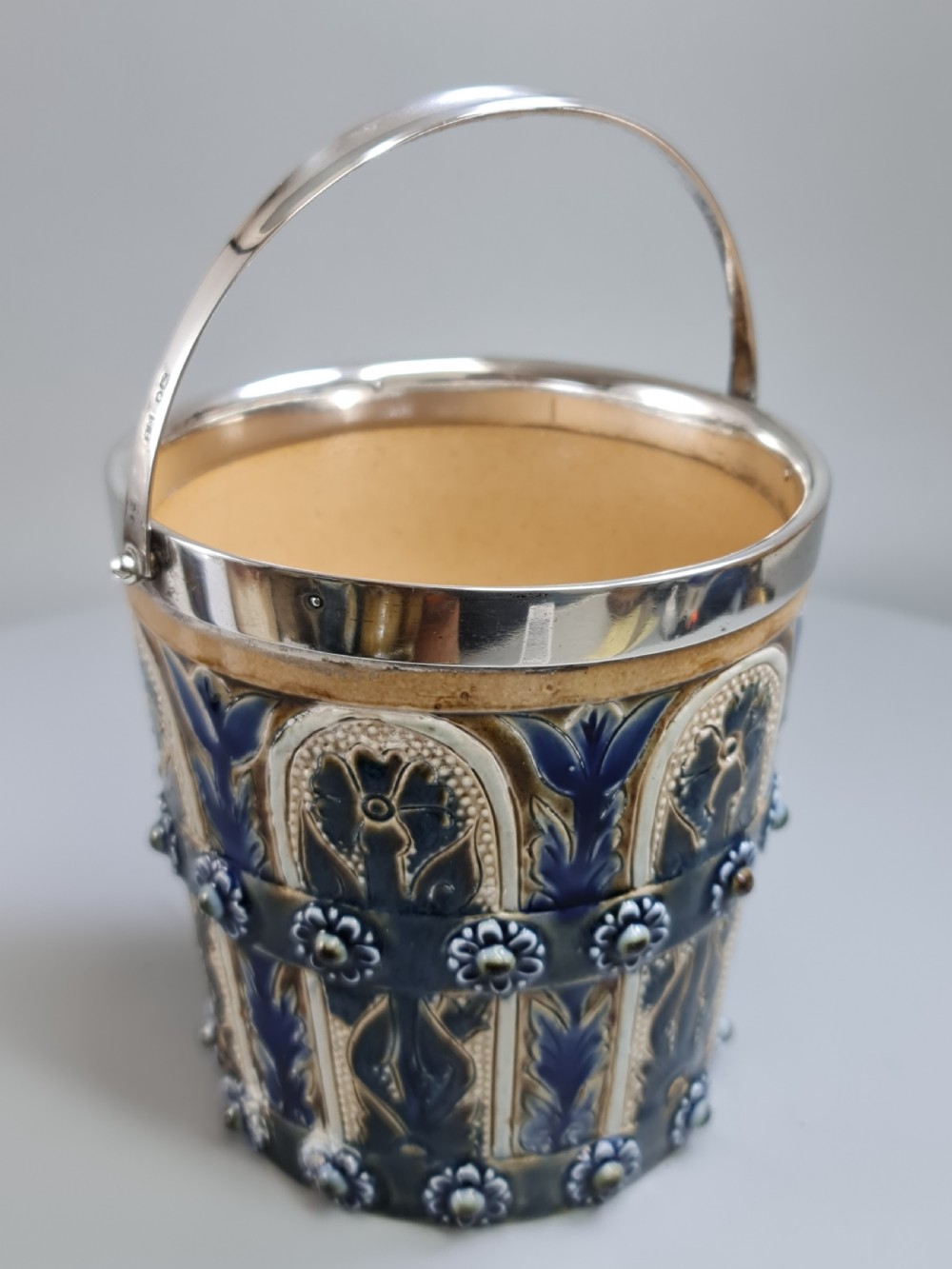 Beautiful Doulton Lambeth Edith Lupton Silver Mounted Ice Bucket c1880 View IV