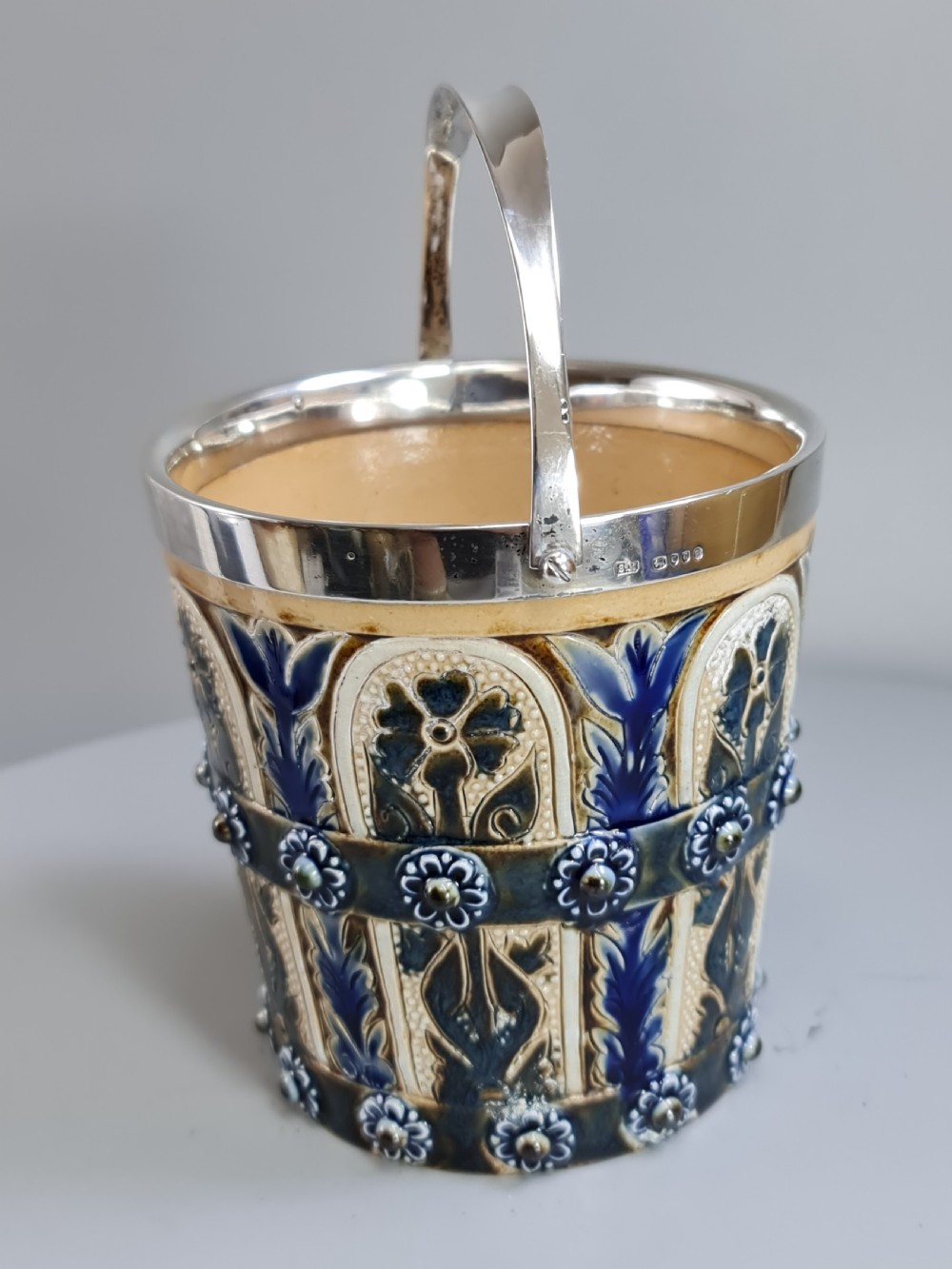 Beautiful Doulton Lambeth Edith Lupton Silver Mounted Ice Bucket c1880 View V