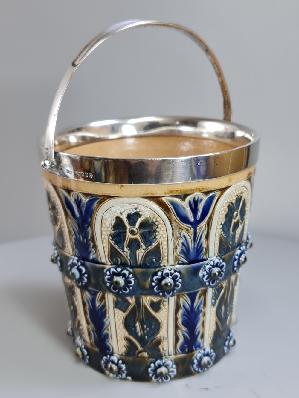 Beautiful Doulton Lambeth Edith Lupton Silver Mounted Ice Bucket c1880 View VI