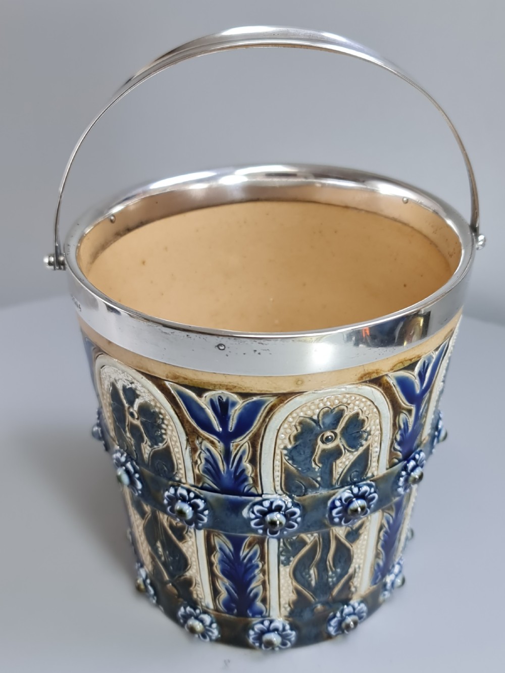 Beautiful Doulton Lambeth Edith Lupton Silver Mounted Ice Bucket c1880 View VII