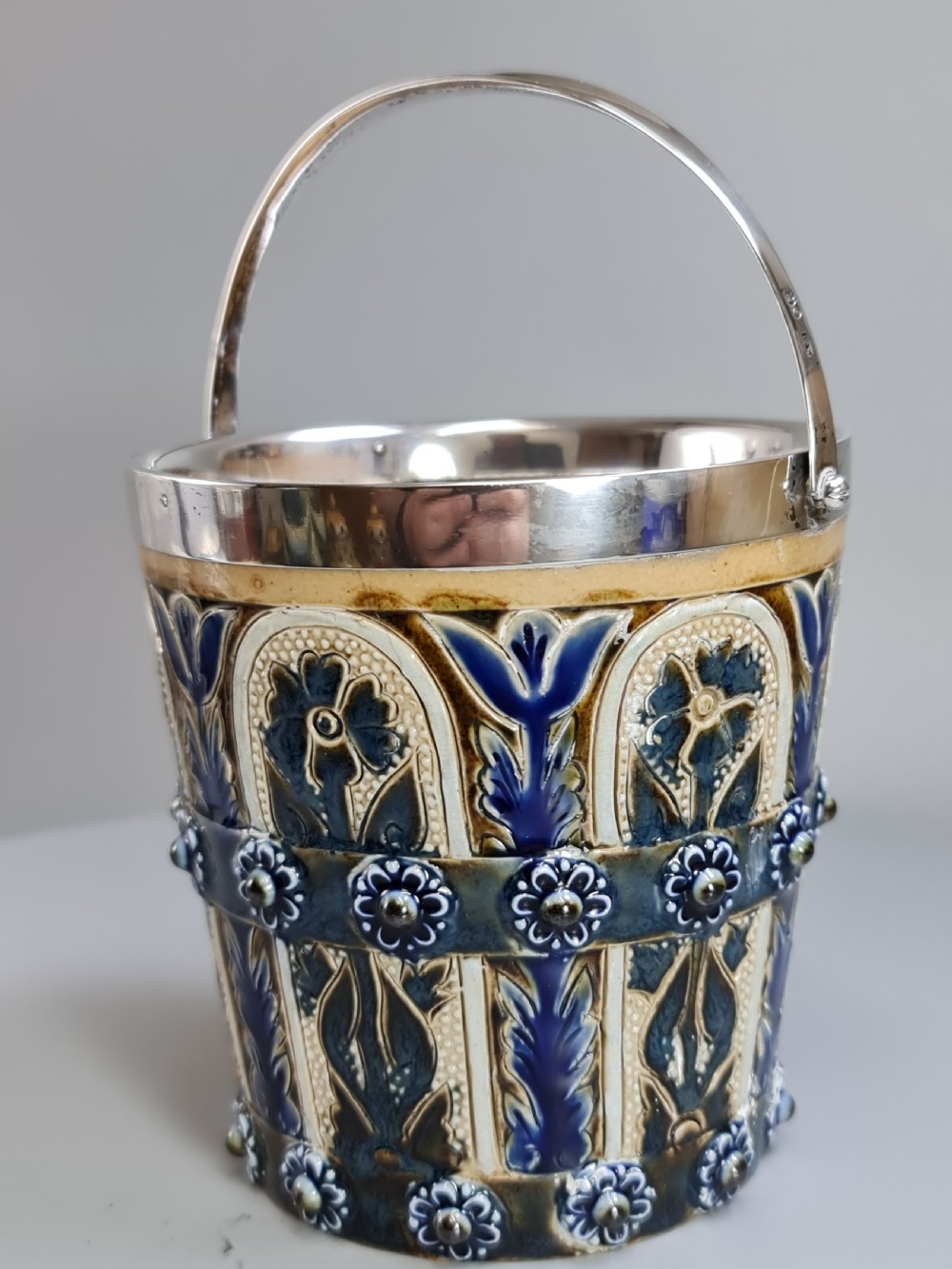 Beautiful Doulton Lambeth Edith Lupton Silver Mounted Ice Bucket c1880 View VIII