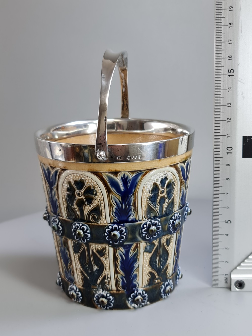 Beautiful Doulton Lambeth Edith Lupton Silver Mounted Ice Bucket c1880 View XII