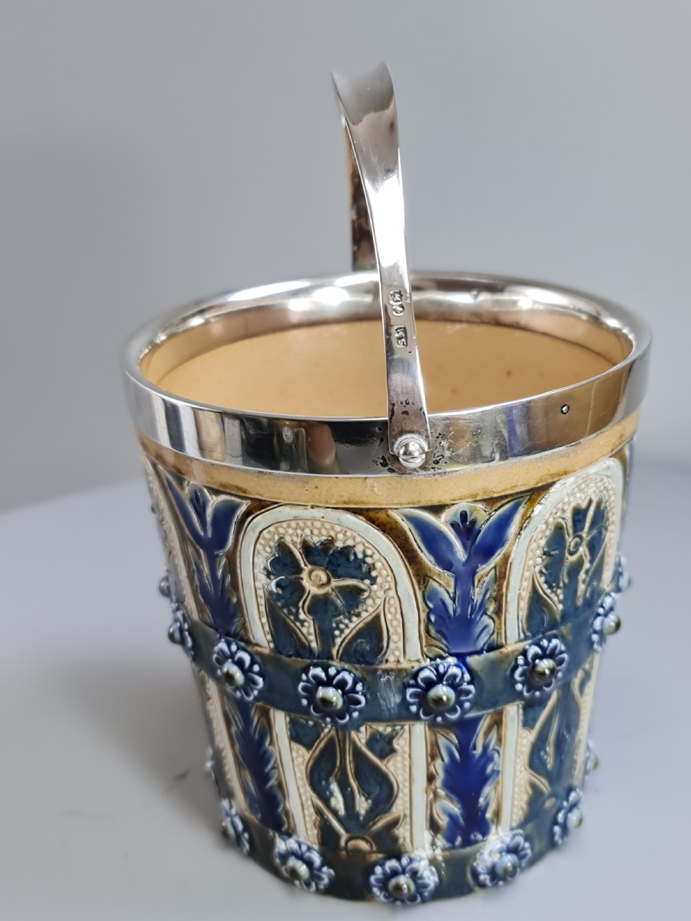 Beautiful Doulton Lambeth Edith Lupton Silver Mounted Ice Bucket c1880 View XV