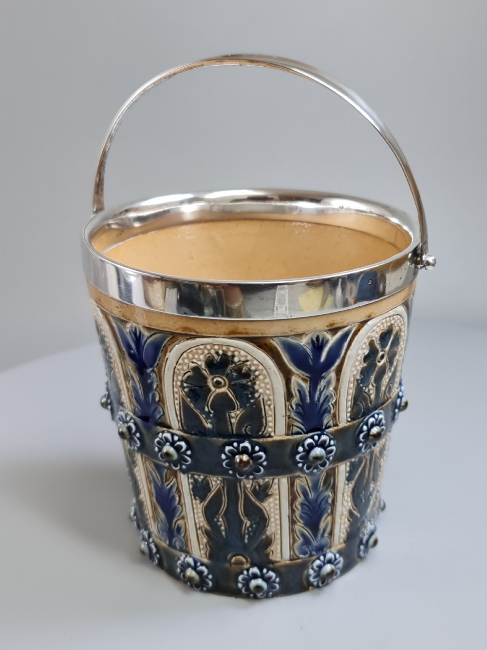 Beautiful Doulton Lambeth Edith Lupton Silver Mounted Ice Bucket c1880 View XVI