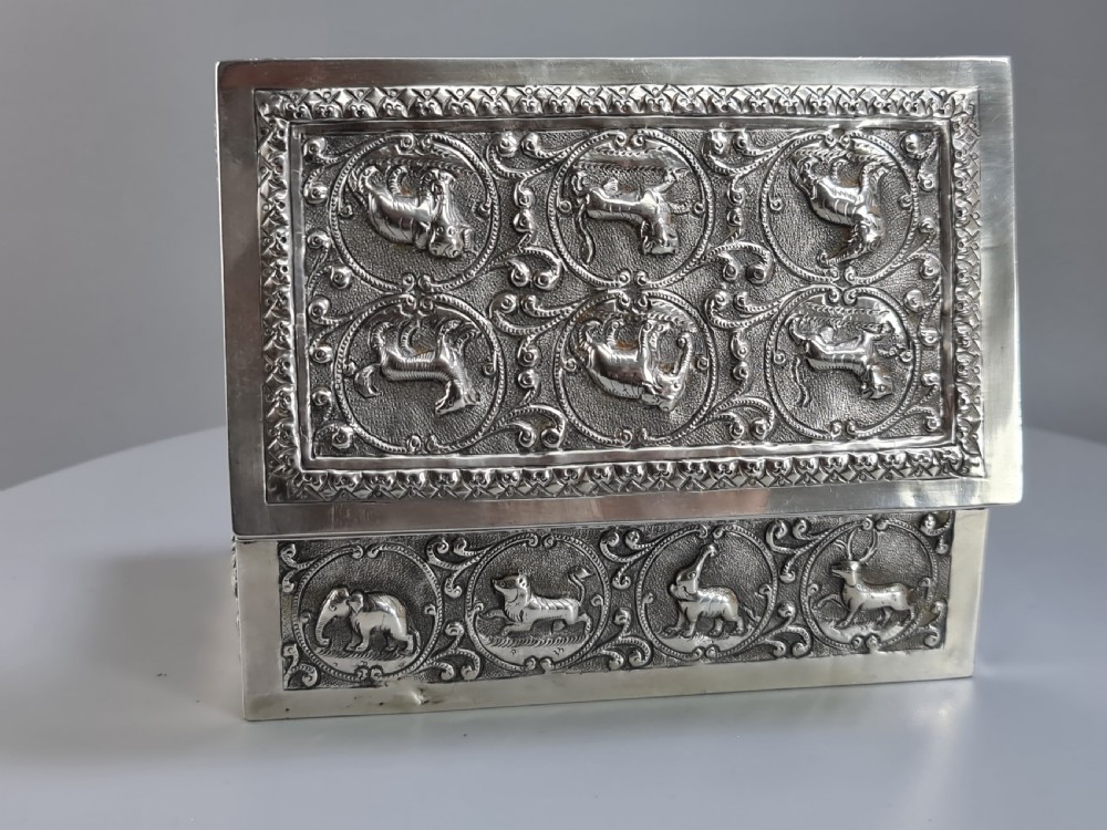 Superb Quality Large Anglo Indian Silver Box Profuse Animal Decoration c1900