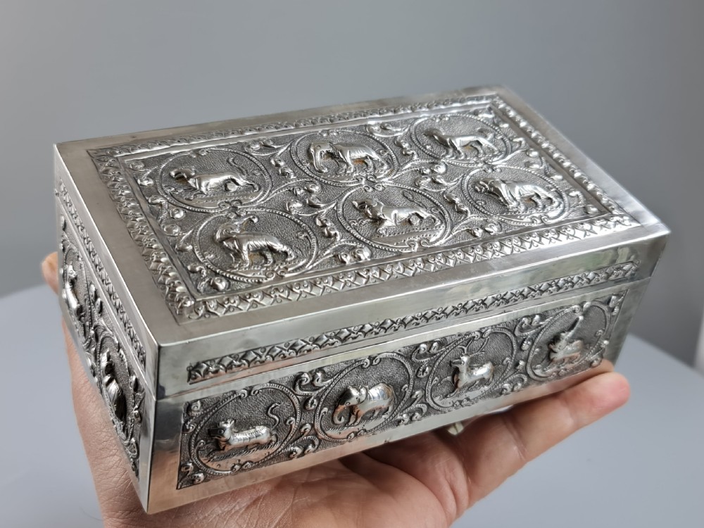 Superb Quality Large Anglo Indian Silver Box Profuse Animal Decoration c1900 View II