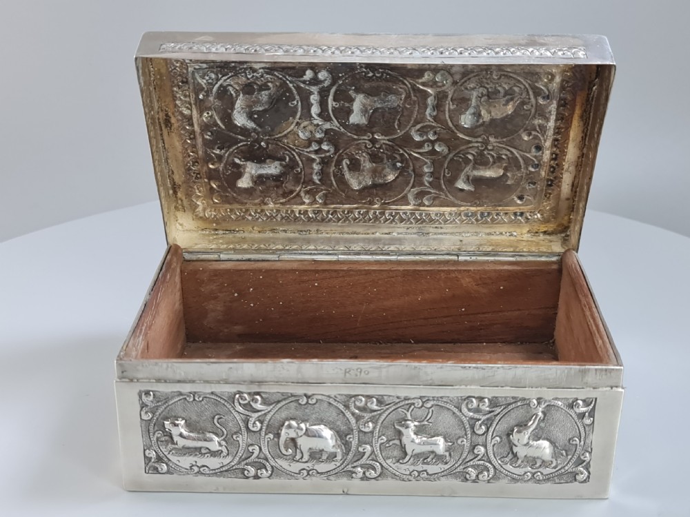 Superb Quality Large Anglo Indian Silver Box Profuse Animal Decoration c1900 View X