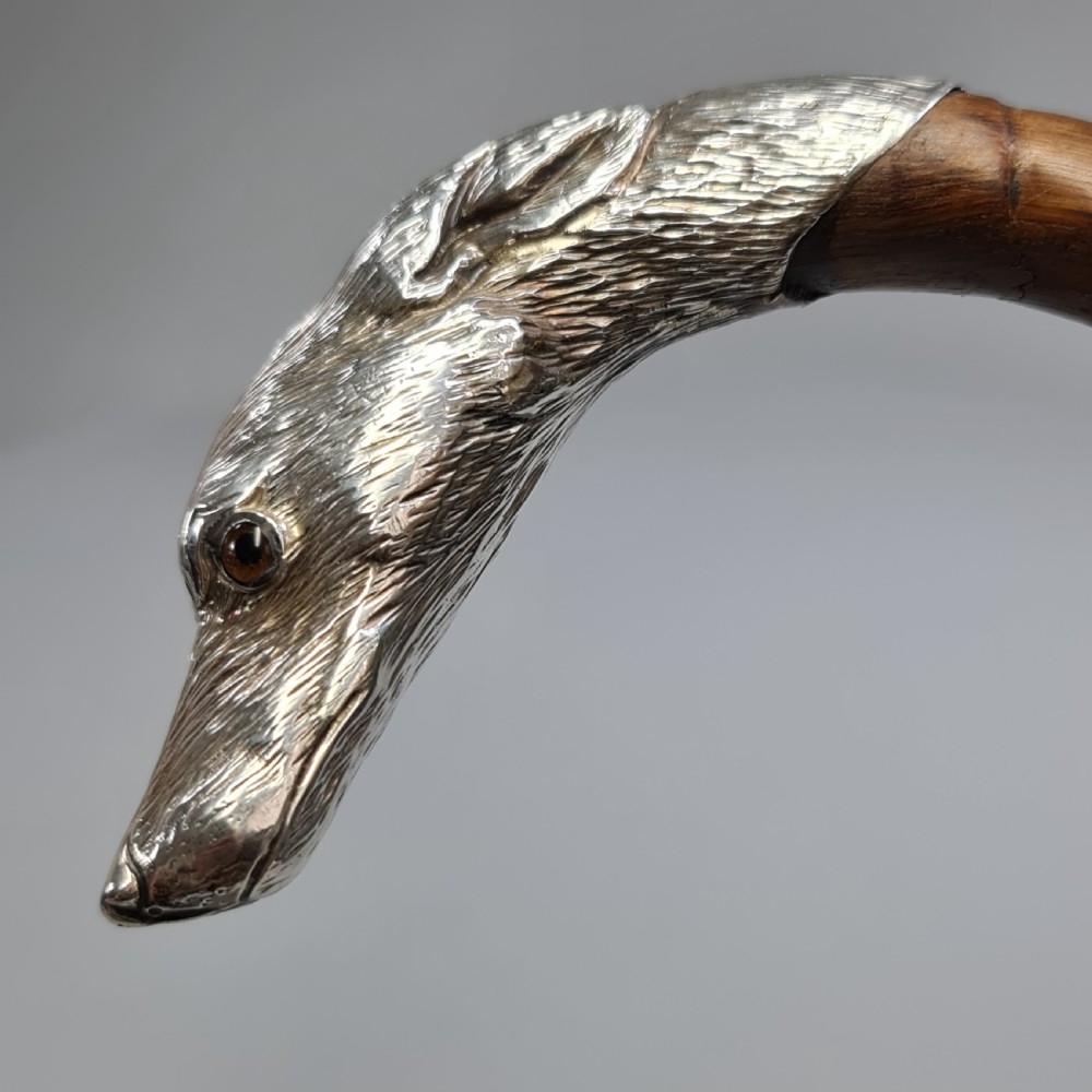 Superb Quality Antique Silver Dog Head Handled Cane c1890 View X