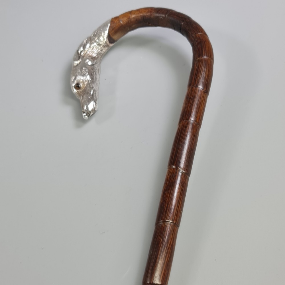 Superb Quality Antique Silver Dog Head Handled Cane c1890 View XVIII