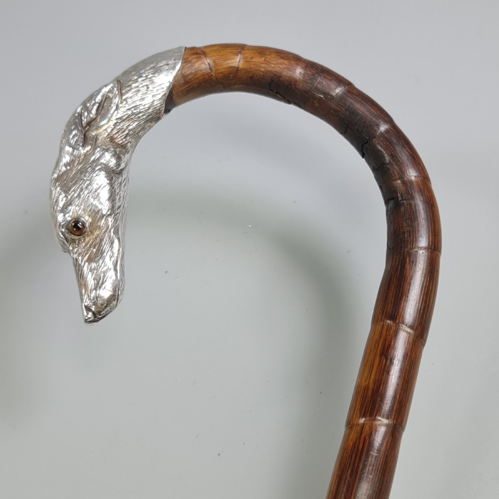 Superb Quality Antique Silver Dog Head Handled Cane c1890 View XIX