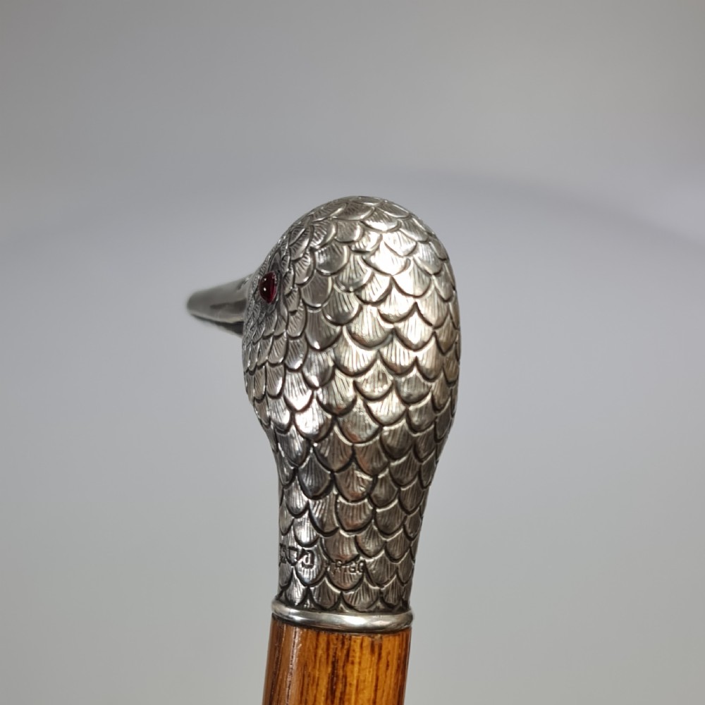 Stunning Victorian HM Silver Duck Head with Glass Eyes Cane  View II