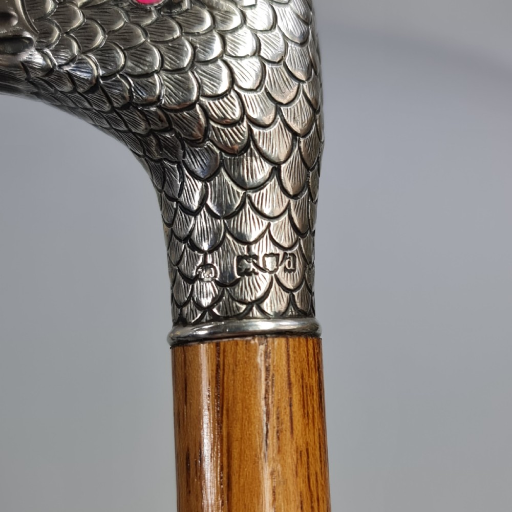 Stunning Victorian HM Silver Duck Head with Glass Eyes Cane  View III