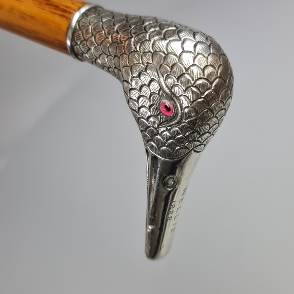 Stunning Victorian HM Silver Duck Head with Glass Eyes Cane  View VI