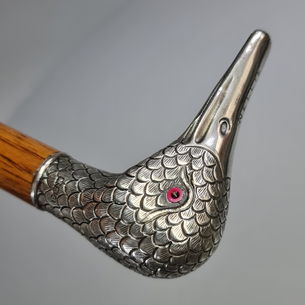 Stunning Victorian HM Silver Duck Head with Glass Eyes Cane  View VII