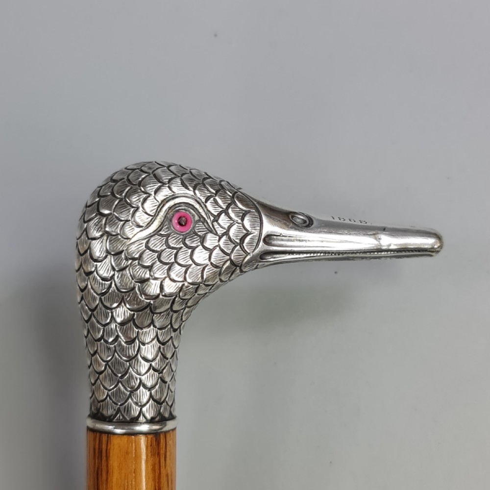 Stunning Victorian HM Silver Duck Head with Glass Eyes Cane  View VIII