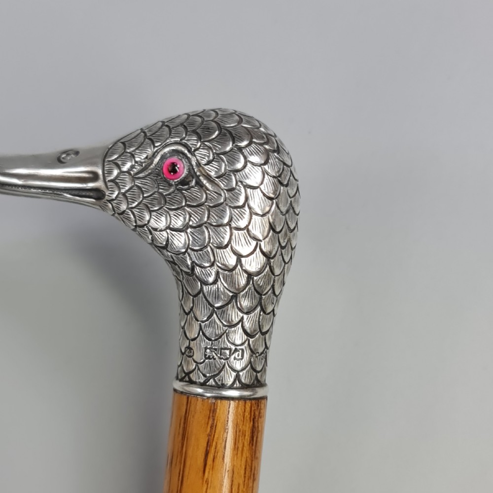 Stunning Victorian HM Silver Duck Head with Glass Eyes Cane  View IX