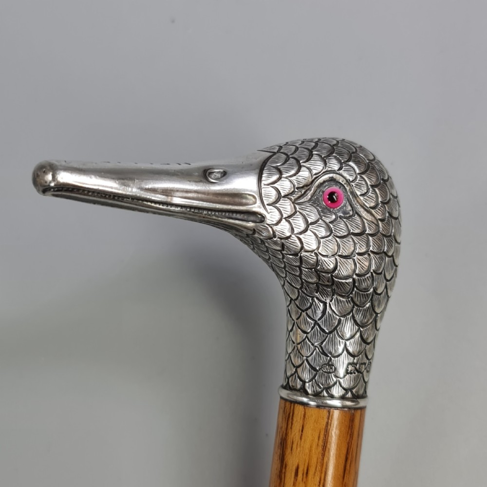 Stunning Victorian HM Silver Duck Head with Glass Eyes Cane  View X