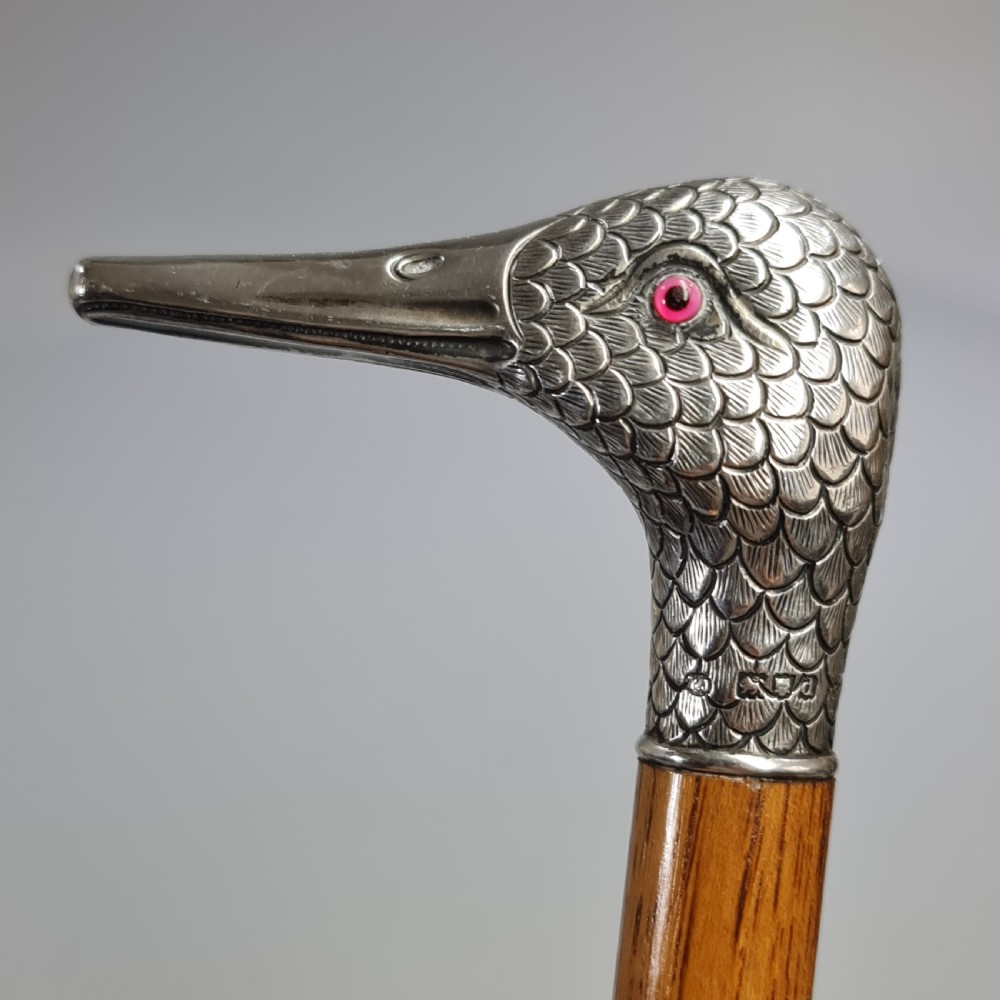 Stunning Victorian HM Silver Duck Head with Glass Eyes Cane  View XI