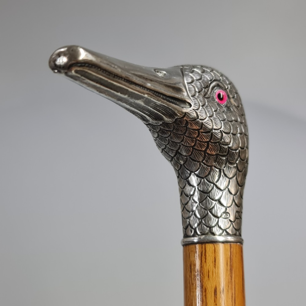 Stunning Victorian HM Silver Duck Head with Glass Eyes Cane  View XII