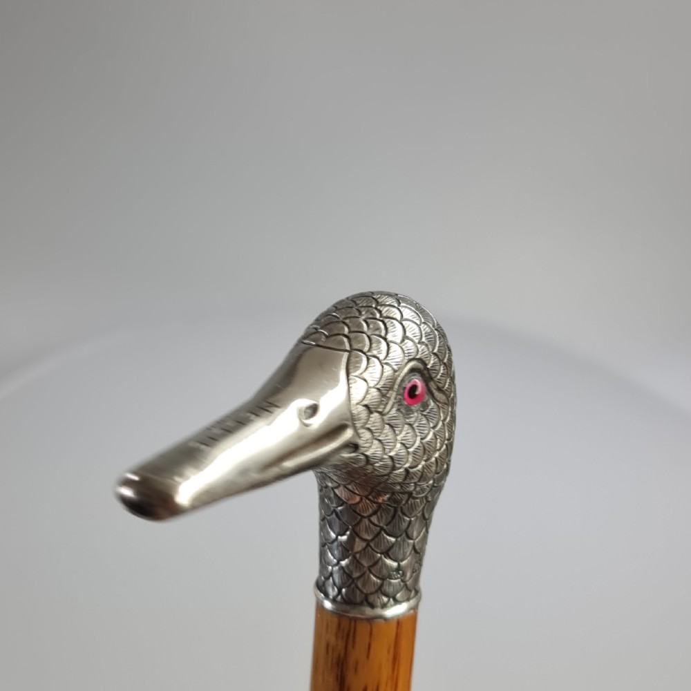 Stunning Victorian HM Silver Duck Head with Glass Eyes Cane  View XV