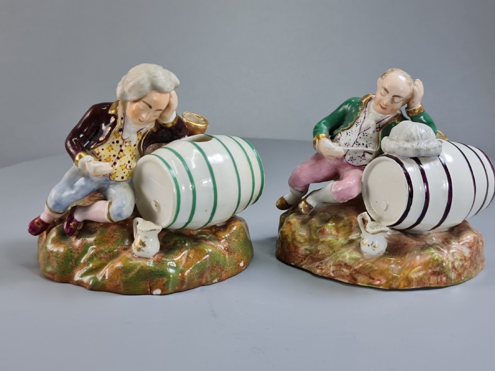 Unusual early 19thc Pair of Porcelain Inkwells formed as Barrels & Figures by Dudson