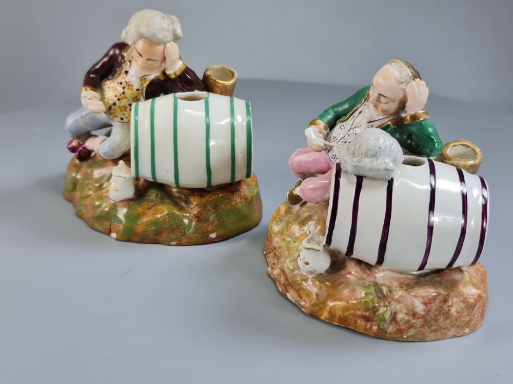 Unusual early 19thc Pair of Porcelain Inkwells formed as Barrels & Figures by Dudson View II
