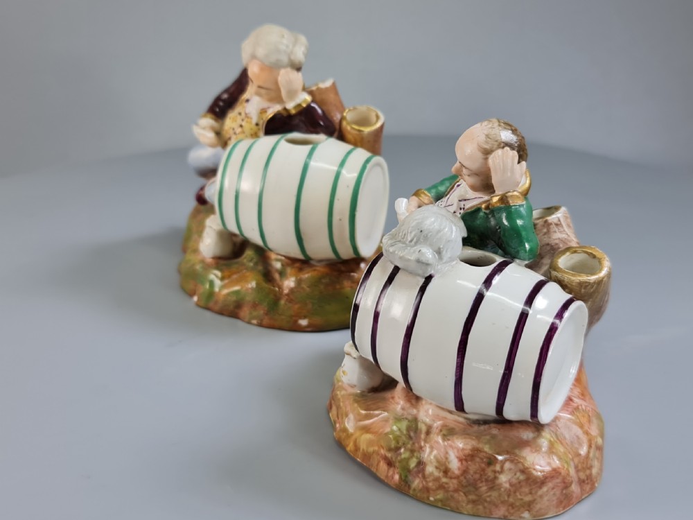 Unusual early 19thc Pair of Porcelain Inkwells formed as Barrels & Figures by Dudson View III