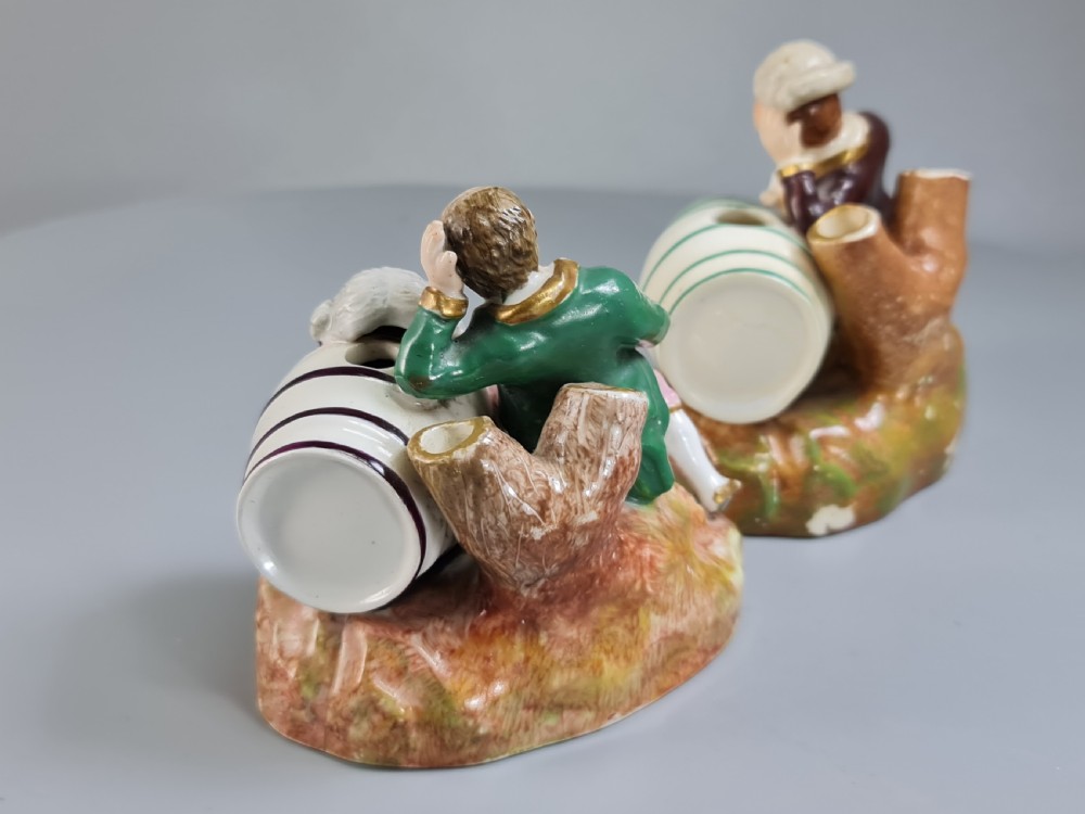Unusual early 19thc Pair of Porcelain Inkwells formed as Barrels & Figures by Dudson View V