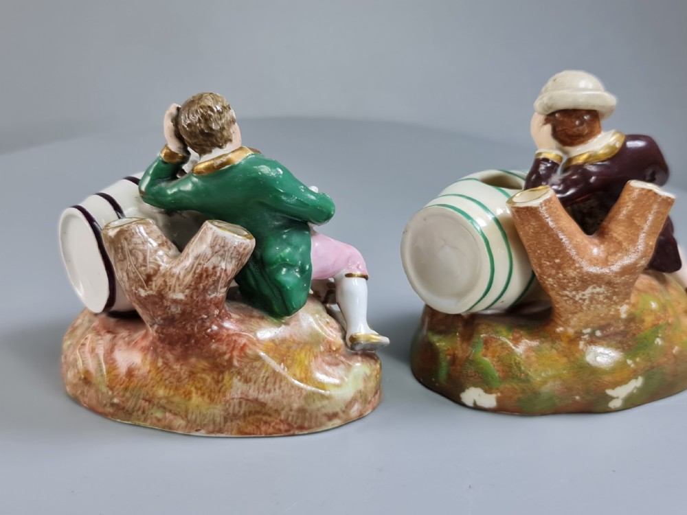 Unusual early 19thc Pair of Porcelain Inkwells formed as Barrels & Figures by Dudson View VI