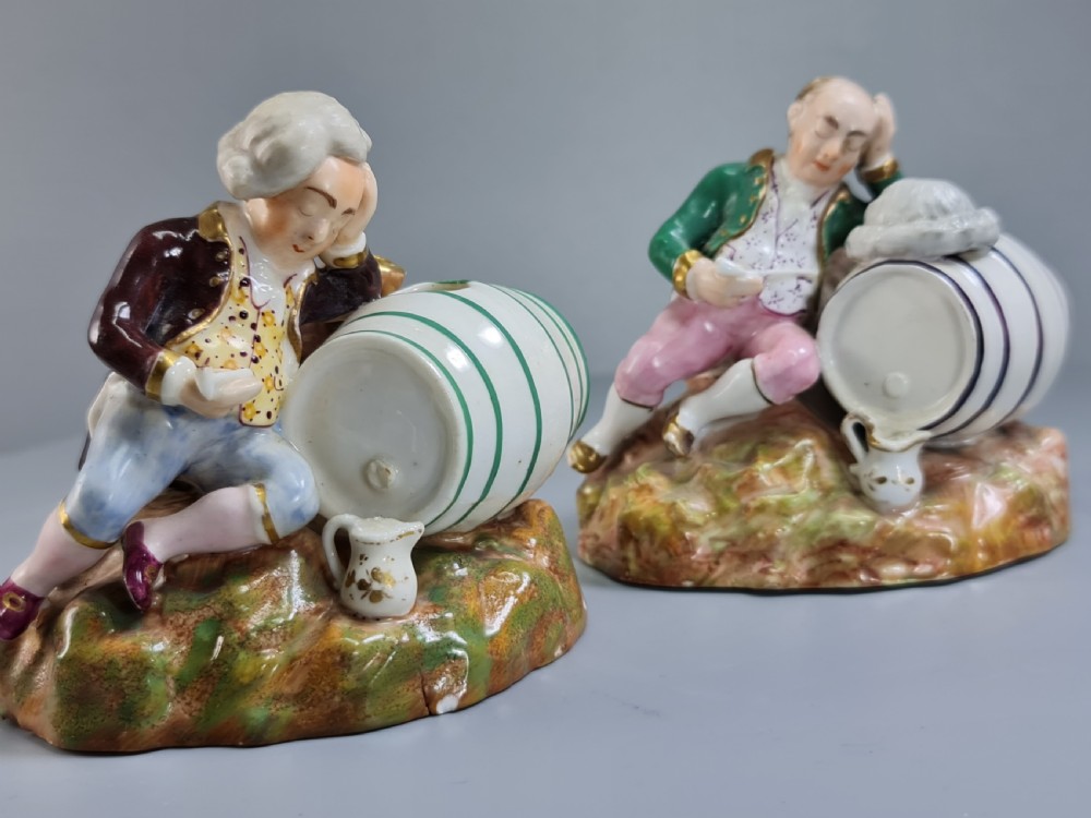 Unusual early 19thc Pair of Porcelain Inkwells formed as Barrels & Figures by Dudson View X