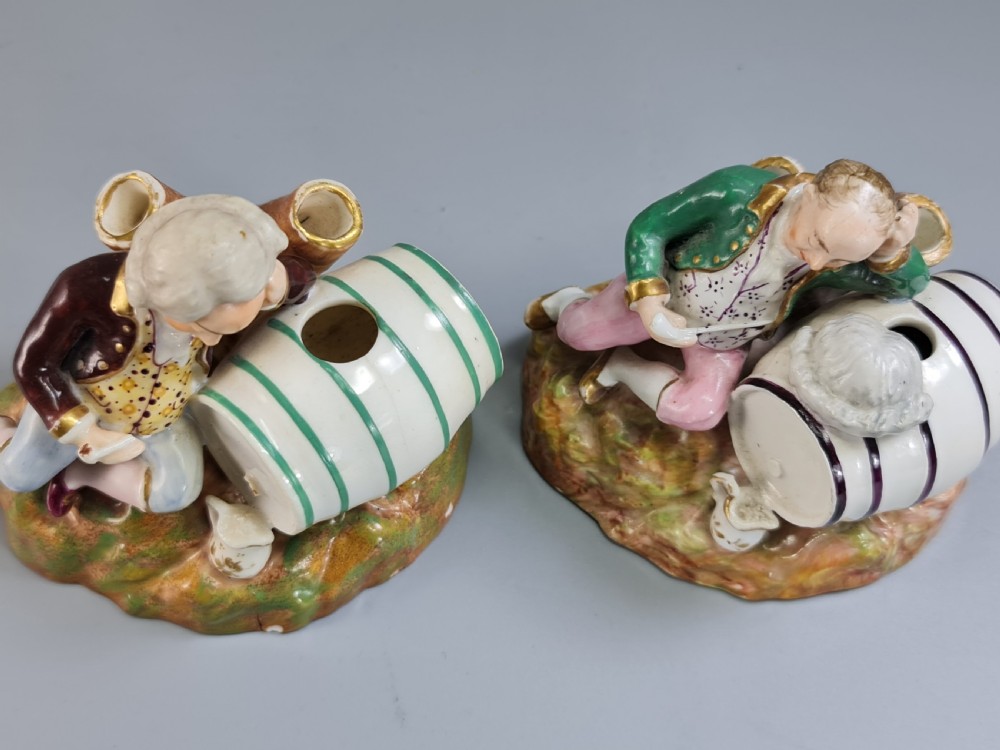 Unusual early 19thc Pair of Porcelain Inkwells formed as Barrels & Figures by Dudson View XII