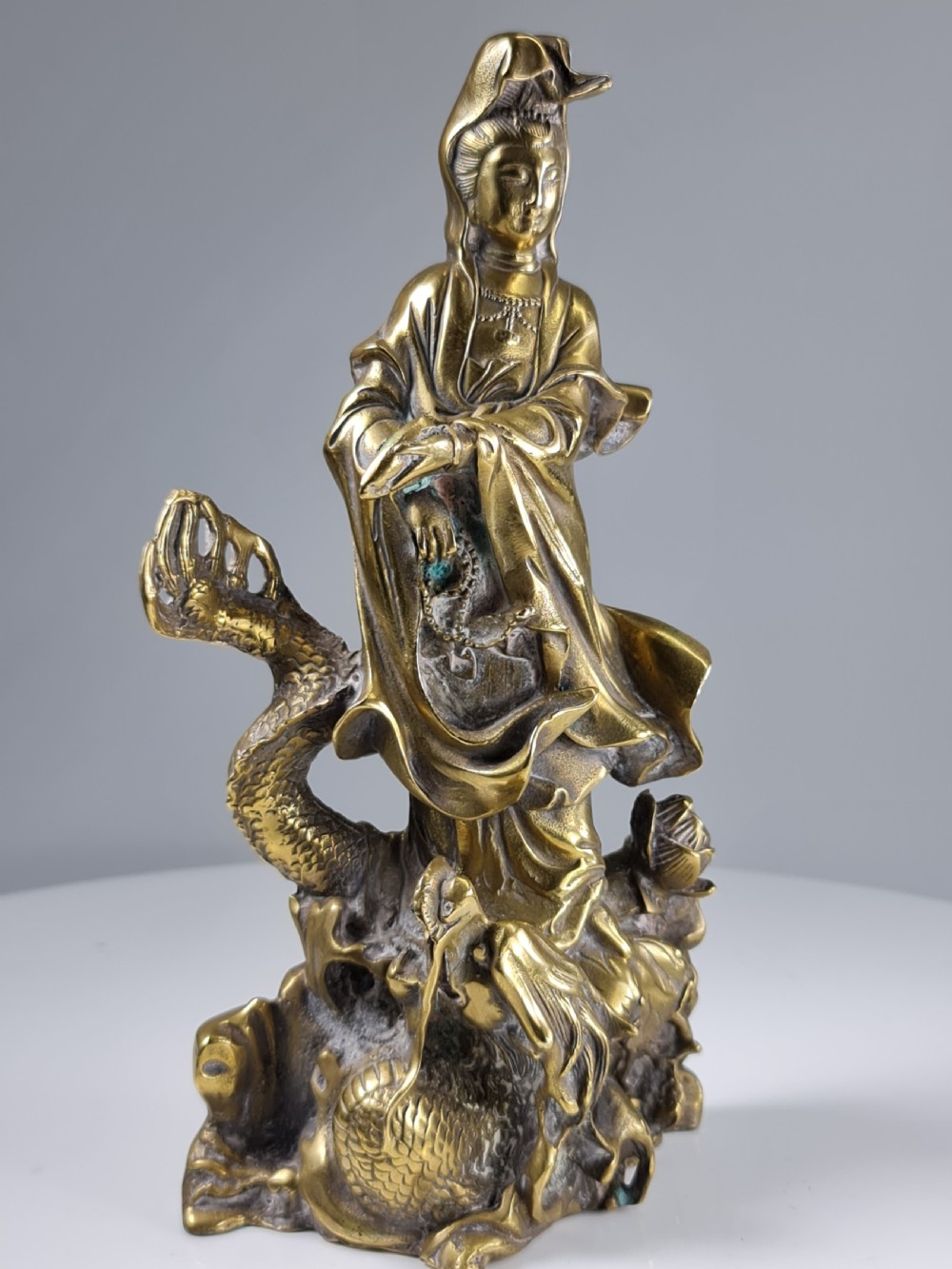 Antique  Polished Bronze Kwan yin with a dragon statue 9 inch
