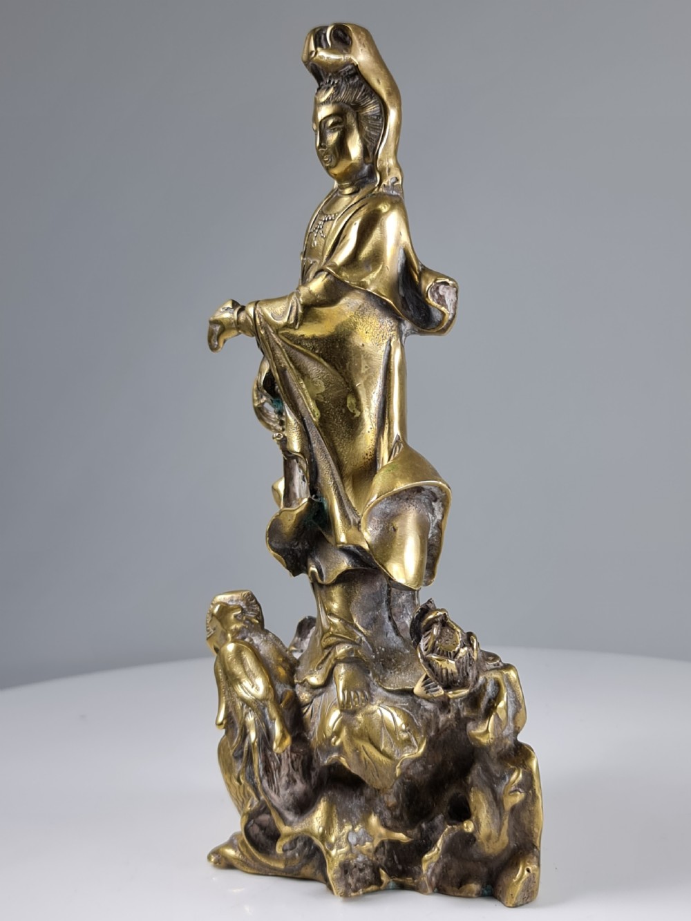 Antique  Polished Bronze Kwan yin with a dragon statue 9 inch View II